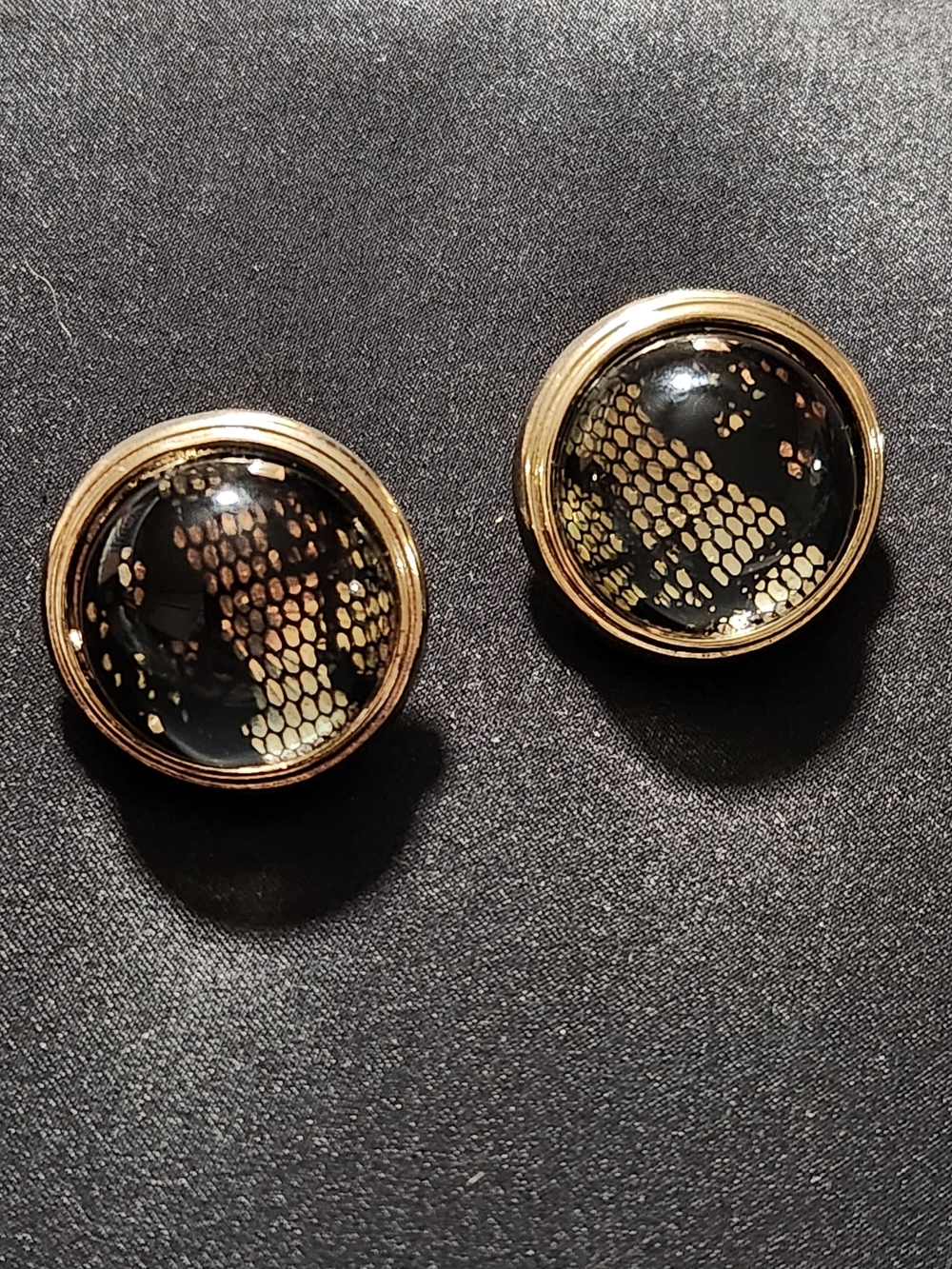 Gold Round Dome Earrings with Black & Metallic Snakeprint